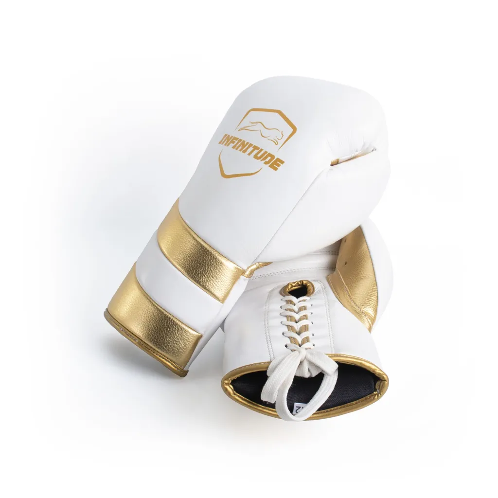 Velocity Pro Sparring Gloves | White & Gold Lace-up - Infinitude Fight